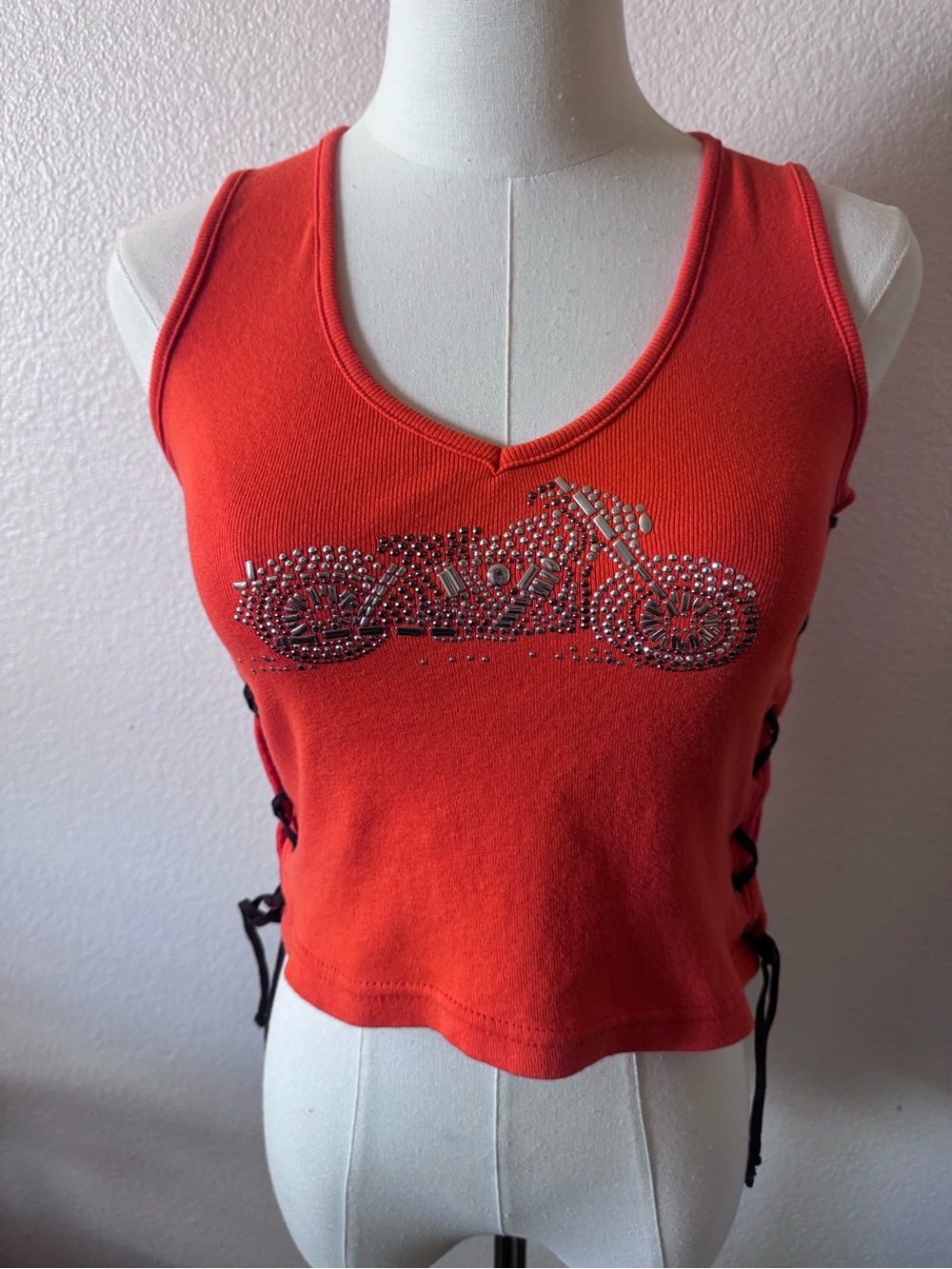 2000s Vintage Biker Design Orange Motorcycle Crop Tank Top Medium